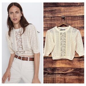 Zara Cream Lace Knit Half Sleeve Blouse Size Large